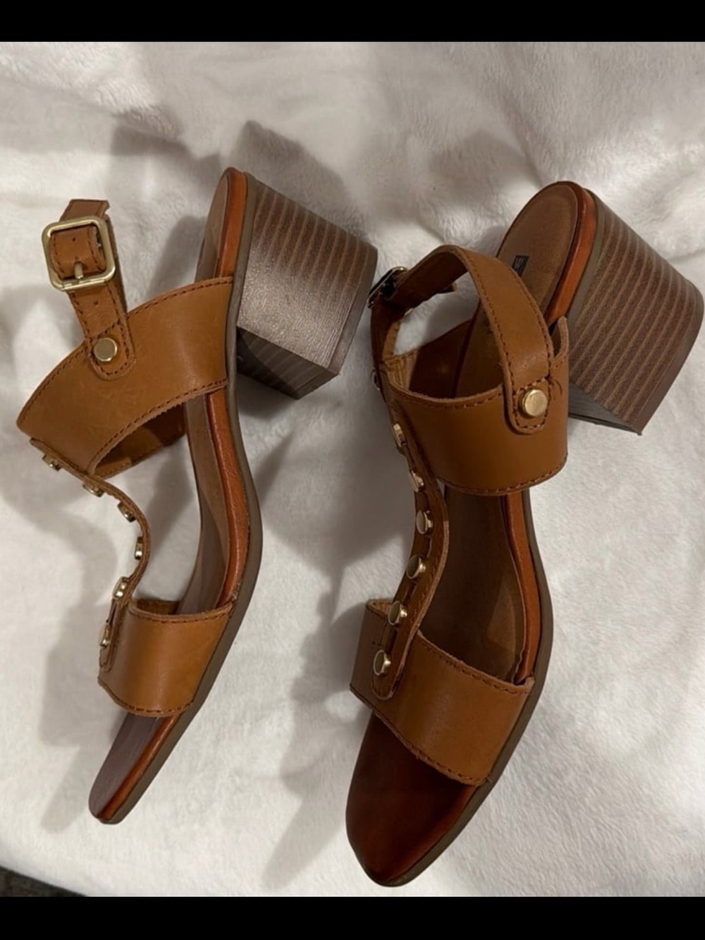 White Mountain Brown Block Heel Sandals with Stud Accents